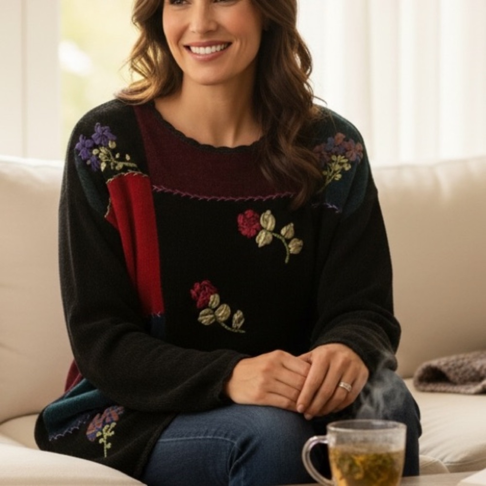 Bentley Vintage Floral 3D Embroidered Floral Coquette Chenille‎ Sweater